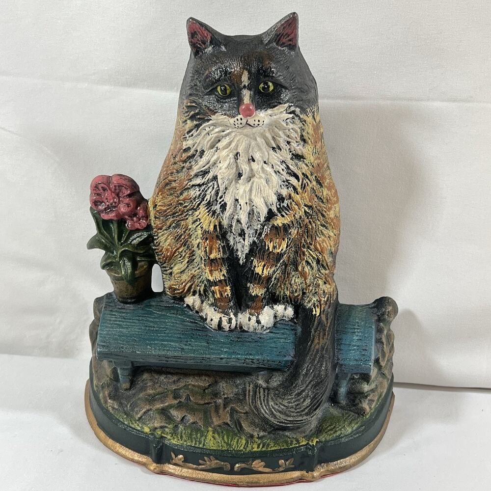 Vintage Cat Doorstop Cast Iron Hand Painted Tabby Kitty Bench Flower Pot